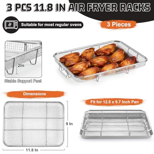 P&P CHEF 11.8 Inch Air Fryer Basket for Oven, 3 Pieces Stainless Steel Air Fryer Racks Accessories for Cooking Baking Roasting, Dehydrator Rack Frying Baskets, Non Toxic & Dishwasher Safe