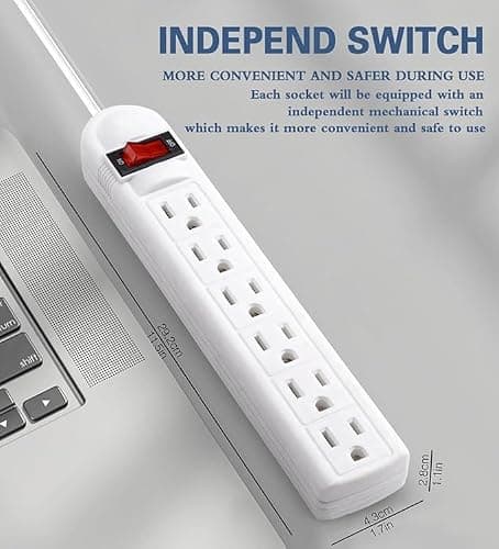Extension Cord 6 ft with Holder- Long Power Strip Surge Protector, 6 AC Outlet Flat Plug, Wall Mount, Multi Plug Outlet Extender Desk Charging Station for Computer Home Office Dorm Room Essentials