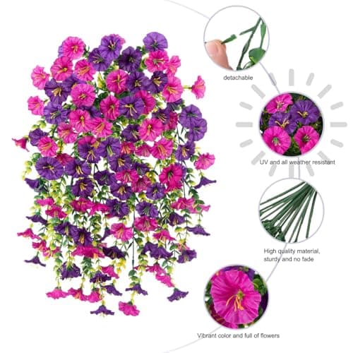 Artificial Hanging Flowers, 69 Heads UV Resistant Artificial Outdoor Flower, Faux Silk Morning Glory,Faux Silk Morning Glory Hanging Plants,for Outdoor Home Porch Patio Garden Decor, 2/6 Pack (2, A)