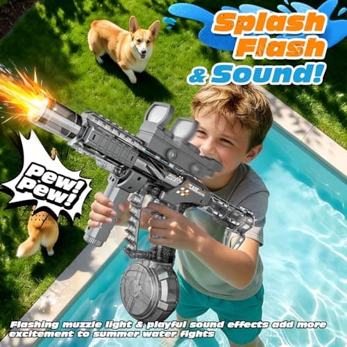Electric Water Gun for Adults & Kids, Automatic Squirt Gun with 26 FT Range, Flashing Muzzle, USB Rechargeable Battery, 320cc Drum Reservoir, Outdoor Beach Pool Party Toys for Boys Girls (Black)
