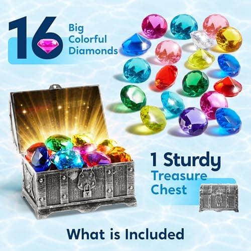 Sloosh Diving Gems Pool Toys,16 Big Colorful Diamond with Pirate Treasure Chest,Swim Dive Toy for Kids Underwater Gemstone Swimming Training Gift Water Toys Pool Games(Silver)