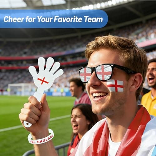2026 World Cup England Fan Gear Set, 6PCS Soccer Party Supplies with England Flag, Scarf, Sunglasses, Face Paint, Clapper & Bracelet, Stadium Cheer Set for Game Day Decorations