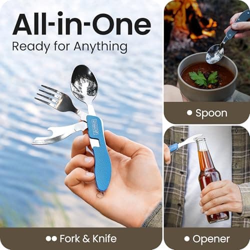 Orblue 4-in-1 Camping Utensils, 1-Pack, Portable Stainless Steel Spoon, Fork, Knife & Bottle Opener Combo Set - Travel, Backpacking Cutlery Multitool, Blue