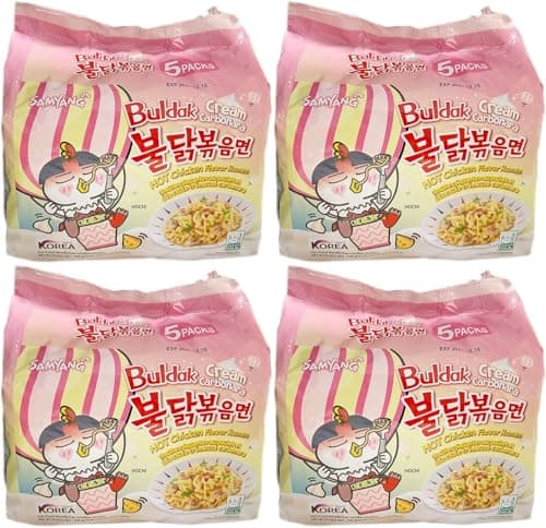 Value Bundle: SAMYANG Noodles - Hot Chicken Flavour Buldak Ramen - Instant Noodles - Instant Ramen - Korean Food - Custom Value Bundle Branded Pack of 20 Total (4 PACK, CREAM CARBONARA)