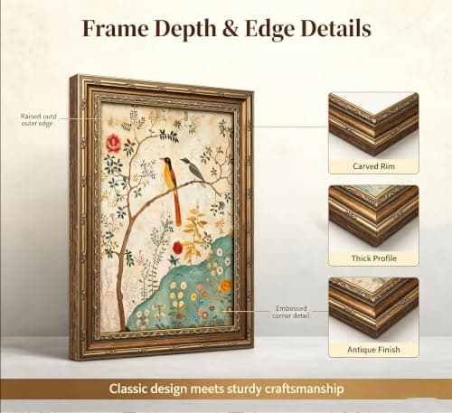 Gold Framed Vintage Plant Bird Canvas Wall Art Medieval Nature Aesthetic Flower Sparrow Painting Picture Wall Decor Colorful Birds And Flowers Poster Print Artwork for Bedroom Living Home Decoration