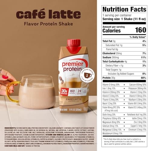 Premier Protein Shake +Energy, Café Latte, 30g High Protein, 12 Pack