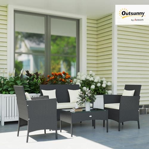 Outsunny 4-Piece Patio Furniture Set, Outdoor Conversation Set with Washable Cushions, Tempered Glass Tabletop, PE Rattan Wicker Chairs & Sofa for Porch, Lawn, Porch, Pool