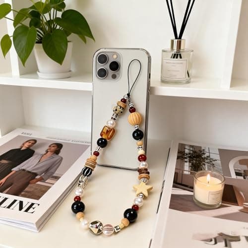 2 Pcs Phone Charm Strap Universal Hand Phone Wrist Strap Camera Lanyard Pearl Beaded Cute Chain String Accessories Universal for iPhone 17 16 Pro Max Samsung Women Girls Keychain Brown and White Star