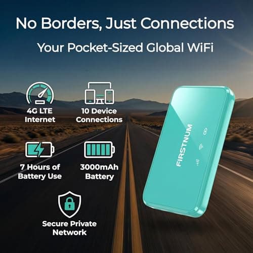 FIRSTNUM M6 Mobile Hotspot, Portable WiFi Hotspot for Travel in 160+ Countries, No SIM Card Required Hotspot No Contract, Connect Up to 10 Devices, Portable Hotspot with 1GB Free Global Data Monthly