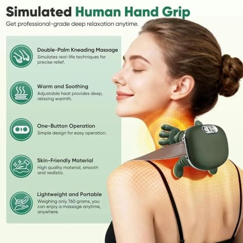 Portable Electric Neck Massager with Heat, Neck Massager with Hand Fingers Shiatsu Deep Kneading for Shoulder, Back & Leg Muscle Tension, Rechargeable Hands-Free Massage Pillow