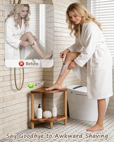 Yose Elegant Acacia Shower Stool for Women, Large Shower Stool for Inside of Shower, Stable Shower Seat for Comfort and Clean Living, Fits Small Bathrooms, Non Slip Shower Foot Rest, 400 lb Capacity
