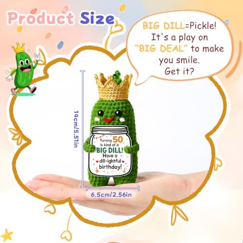 MAMAGIFTREE 50th Birthday Gifts Card for Women Men Him Her -Have a Dill-ightful Birthday! Handmade Crochet Crown Pickle, 50 Year Old Bday Gift for Mom Dad Friend Sister Wife Husband