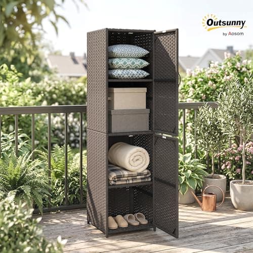 Outsunny Wicker Outdoor Storage Cabinet, 4 Shelf Patio Storage Cabinet with Adjustable Shelves, Magnetic Doors, PE Rattan Tall Towel Rack Outdoor for Pool Garden Yard, Brown