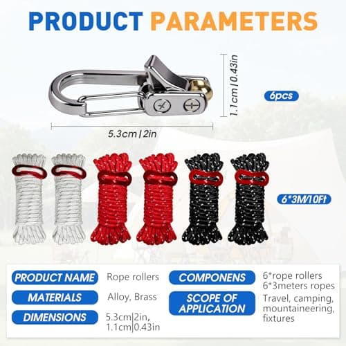 Nylon Rope Rollers 6 Pack, Tension Rope Ratchet Tightening Tool for Securing Tent Items, Cotton Rapid Ropes for Camping Accessories