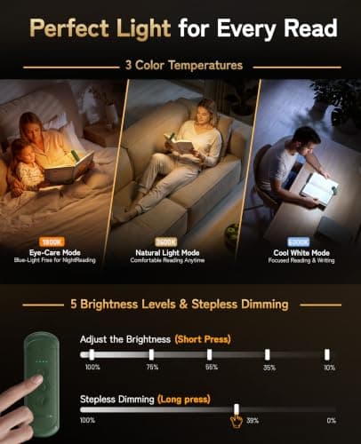 HIONXMGA Book Light Rechargeable, Eye-Care Clip on Reading Light for Books in Bed, 3 Color & Stepless Dimming, 140H Long Lasting Book Lights for Reading at Night, Gifts for Book Lovers(Green)