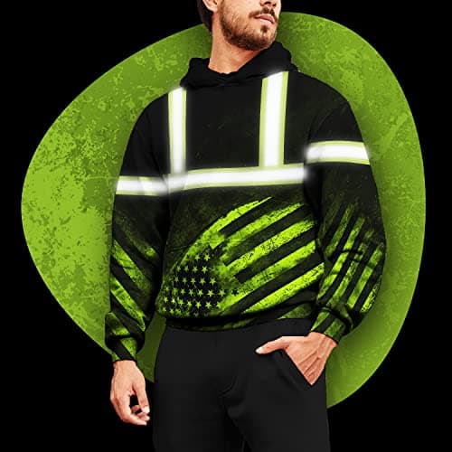 HiVis Custom Safety Hoodie - Green US Flag Customize Name High Visibility Hoodie for Men - Reflective Workwear for Runners, Walkers, Truckers, Operators, Patriotic