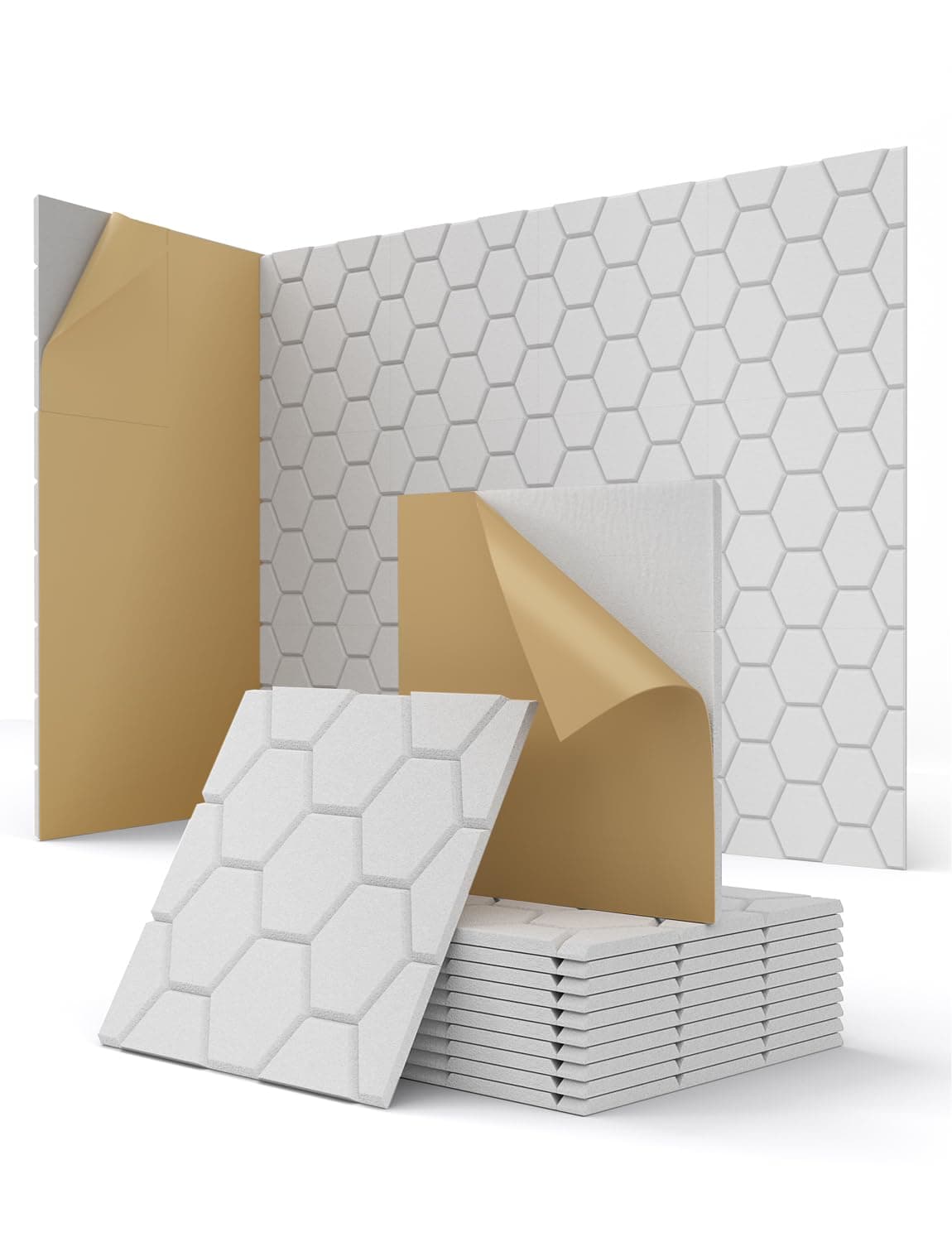 Acoustic Wall Panels Self Adhesive, Honeycomb Peel and Stick Sound Absorbing Panels for Walls, Decorative Hexagon Design Art Tiles for Studio, Home Office, Gaming Room, 12 Pack 12"x12"x0.4", White