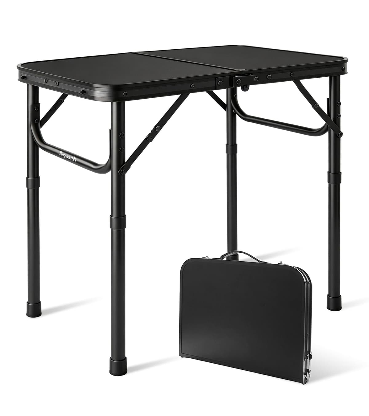 Mesa Plegable Camping 60x40 cm, altura ajustable 26/55 cm, con asa; patas de aluminio y tablero MDF fácil de limpiar, ligera y fácil de transportar para balcón, terraza y playa, picnic y pesca, negro