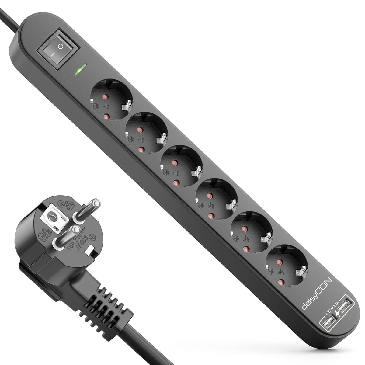 deleyCON Regleta con 1,5 m, Seis Tomas, Puertos USB, Dos Salidas USB-A para Cargar Móvil y Tableta, Protección contra Sobretensión, Interruptor, Negro