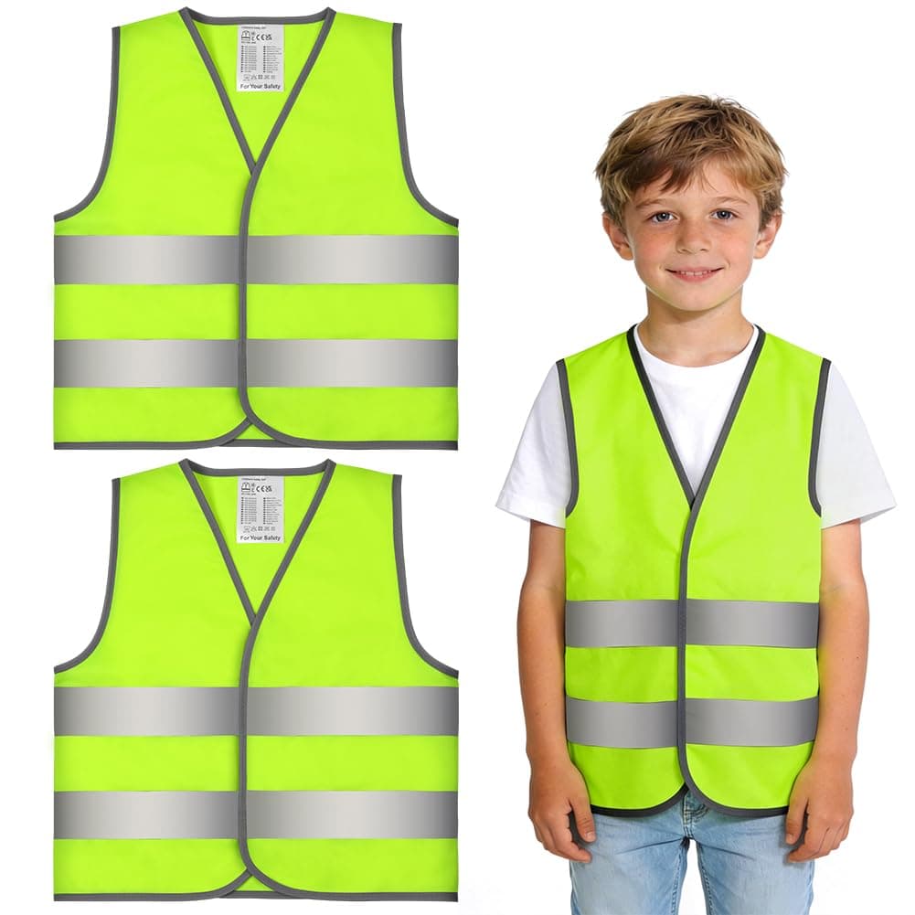 Chalecos Reflectantes para Niños, 2 Piezas Chaleco de Alta Visibilidad para Niños, Chaleco de Seguridad Verde para Niños Carrera, Viajes Escolares, Ciclismo, Amarillo Fluorescente