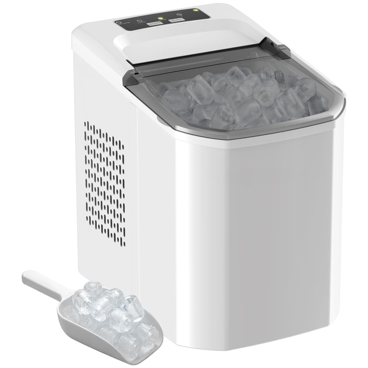 HOMCOM Máquina de Hielo, Máquina de Cubitos de Hielo Autolimpiable, 12 kg/24H, 9 Cubitos Listos en 7 Minutos, 2 Tamaños de Hielo, 1,5L Depósito, para Hogar, Cocina, Oficina, Bar, Blanco