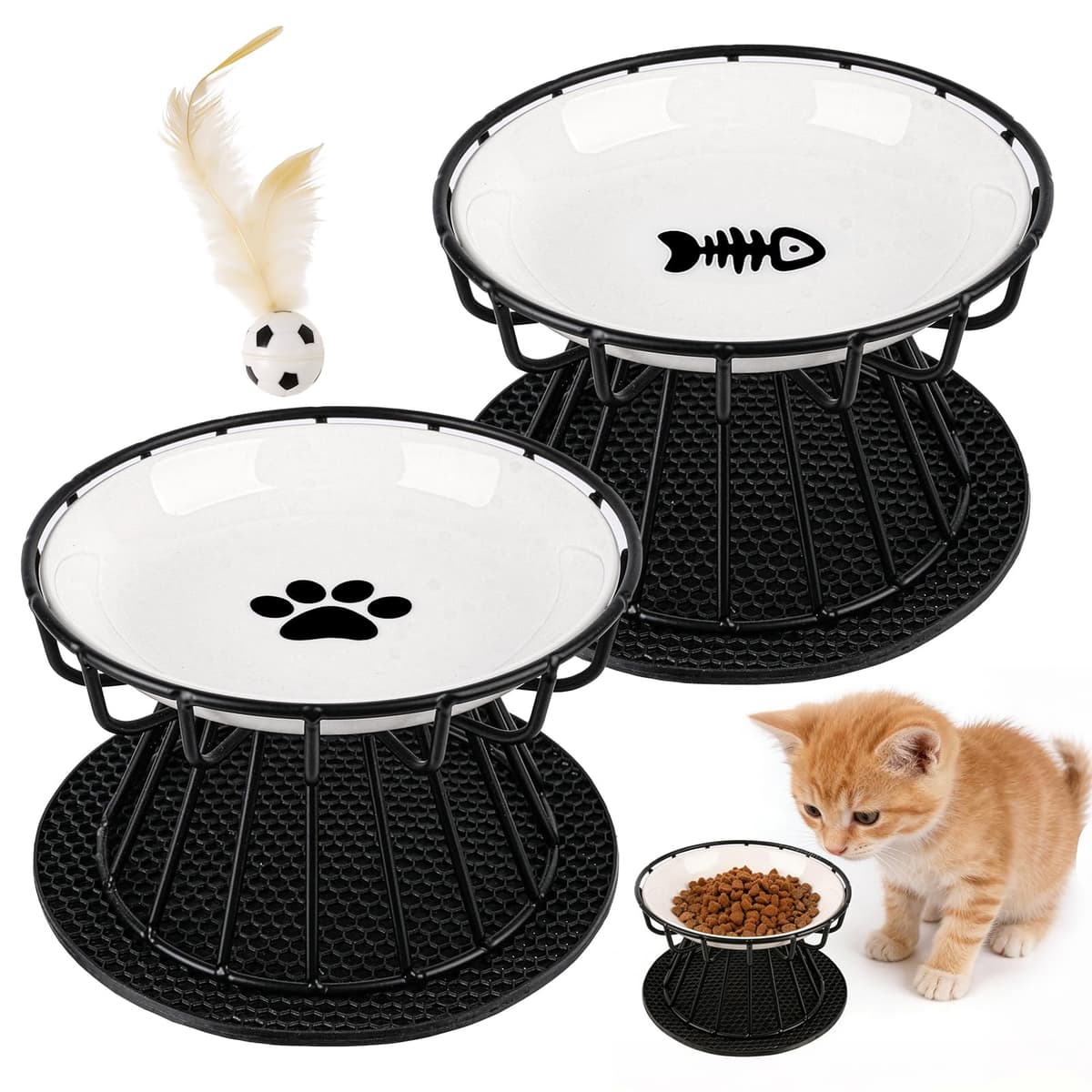 2 Piezas Comedero Gato Elevado Cuenco Cerámica Gato Elevado 10 cm con Soporte y Antideslizante Alfombrilla, Platos para Gatos Elevados para Agua y Comida