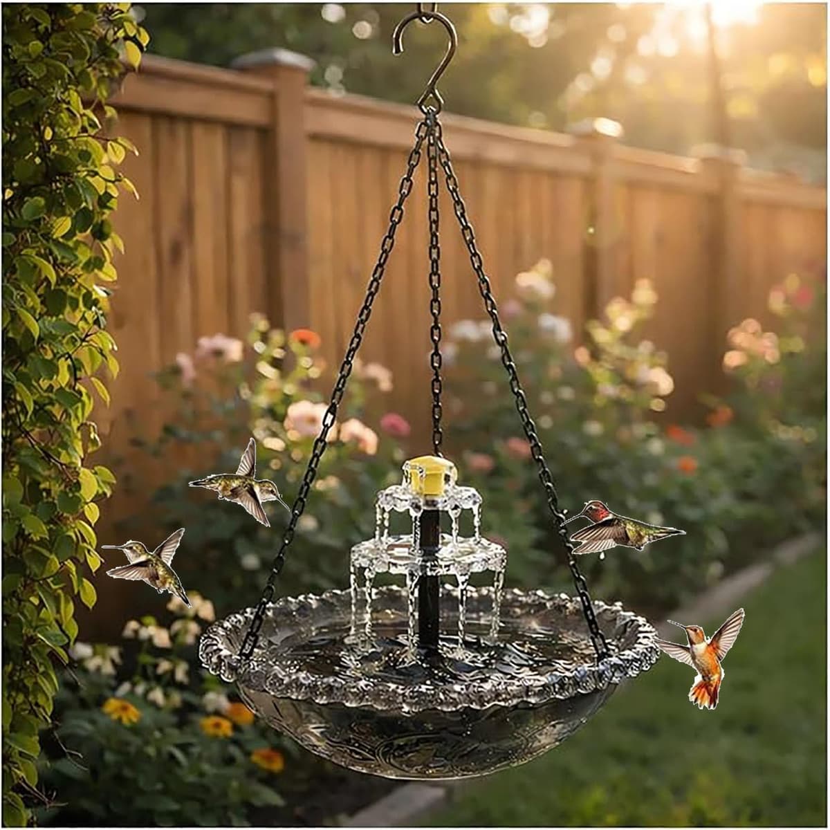 Solar Cascade Hanging Bird Bath Fountain with Glass Bowl, Outdoor Solar Powered Water Feature with Pump for Garden Patio Backyard, Attracts Hummingbirds and Wild Birds Decor (Gray)