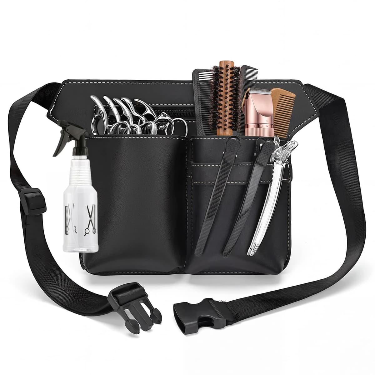 Friseur Tasche, Bolsa de Peluquería, Estuche para Herramientas de Peluquería, Bolsa de Peluquería de PU Negro, Grande Cinturón Portátil Negro para Tijeras, Peines y Herramientas de Peluquería