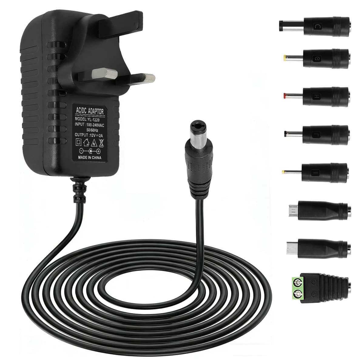 12V 2A Power Supply AC Adapter with 8 DC Plug Tips, Universal AC to DC Converter for LED Strip Lights, CCTV Camera, Router, TV Box and Other 12V Devices, 24W Max Output