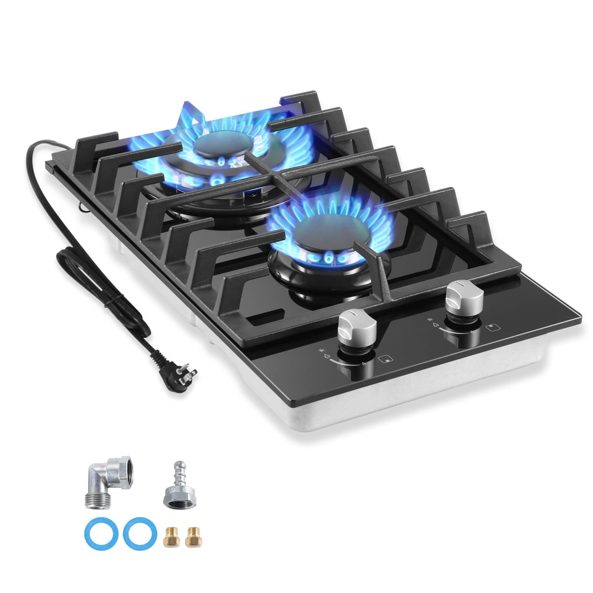 Amzgachfktch Gas Cooktop 2 Burner Propane Cooktop, 12 Inch Gas Stove Top with Thermocouple Protection, LPG/NG Dual Fuel Built-in Tempered Glass Stove for Apartment, Indoor, RV