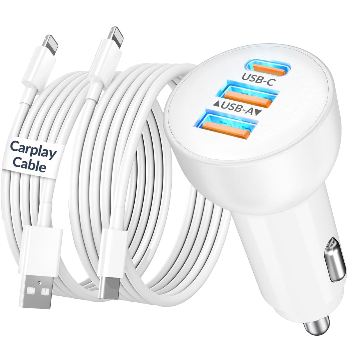 3-Port 70W Fast Car Charger for iPhone 14 13 12 11 Pro Max Plus Mini SE XR XS X 8 7 6, iPad, 2Pack USB Carplay Cord &Lightnings Charging Cable and USB-C&A Car Charger Adapter Cigarette Lighter