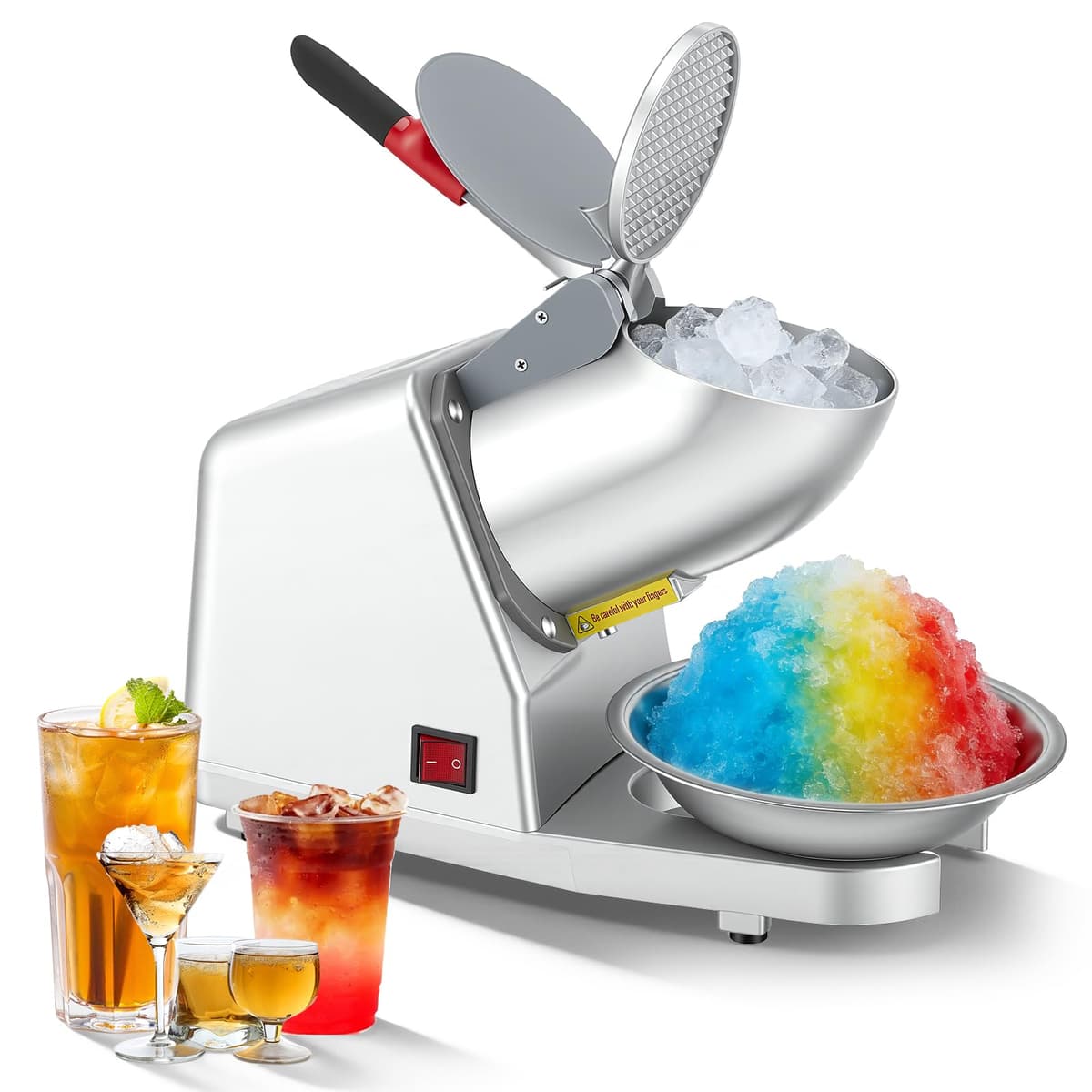 Picadora de Hielo Eléctrica Capacidad de 85 kg/h, Máquina de Hielo Picado con 2 Cuchillas, en Acero Inoxidable, 2200 RPM, para bebidas frías, batidos, para Bares, Restaurantes, Supermercados, Plateado