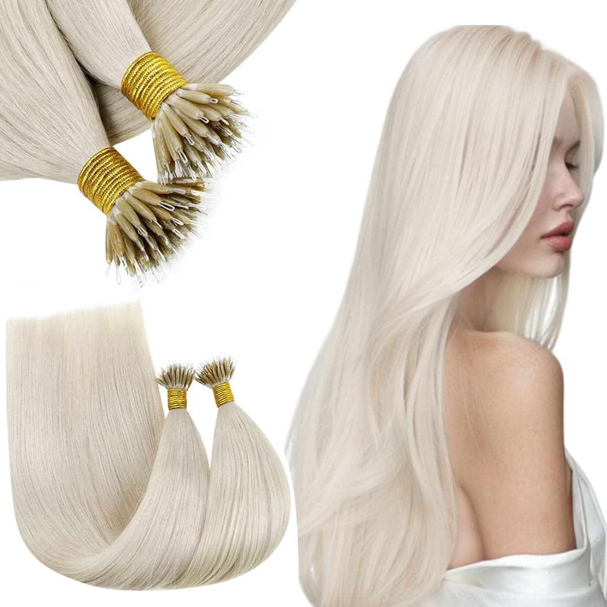 RUNATURE 24 Inch Nano Beads Hair Extensions Human Hair Blonde Nano Hair Extensions Real Human Hair White Blonde Invisible Nano Rings Straight Remy Hair 50g/50s #800