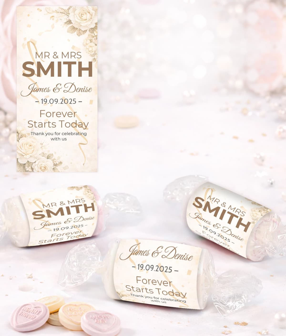 Personalised Wedding Favours Love Hearts, Custom Wrapped Wedding Sweets, Forever Starts Today, Mr & Mrs Favours UK (Champagne Gold)