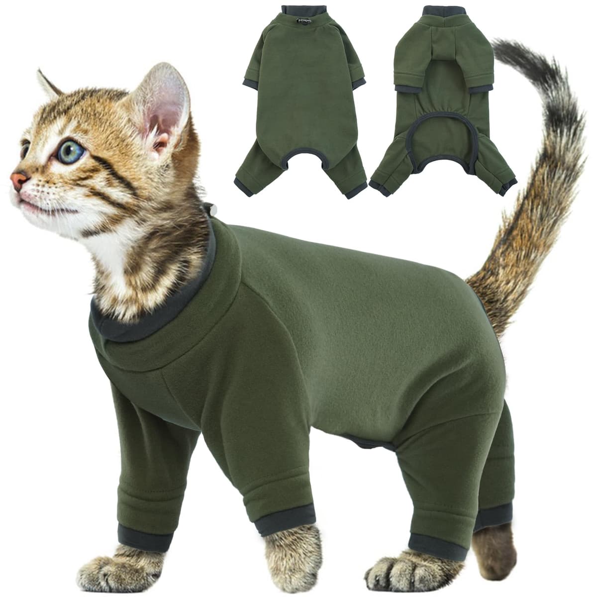 Kitten Clothes, Soft Pajama Winter Jacket Kitten Onesie Overall Four-Legged Warm Clothes Cat Recovery Suit Female after Surgery Hair Sticky Onesie(Army Green, XS)
