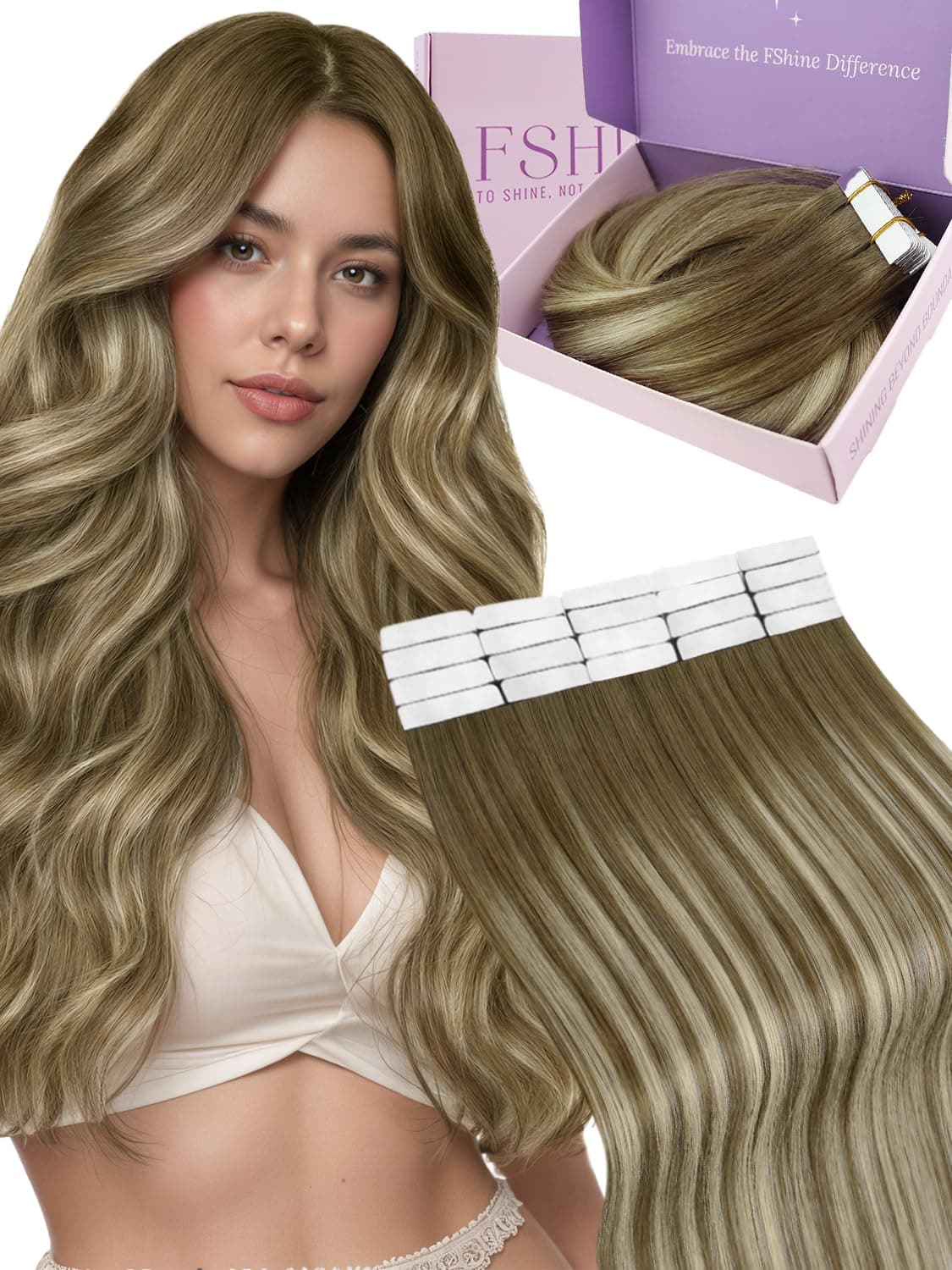Fshine Extensiones Adhesivas Pelo Natural 20 Pulgadas 50g Cabello Humano Marrón Claro Balayage Rubio Y Marrón Claro Cinta 20Pcs Liso Color 6 60 6