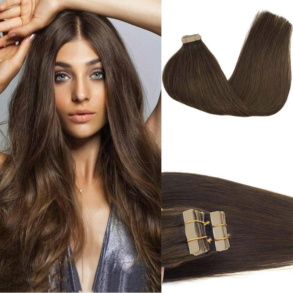 GOO GOO Tape in Hair Extensions Human Hair, 20pcs 50g 20inch, Chocolate Brown Real Remy Hair Extensions Seamless Straight Human Hair Extensions