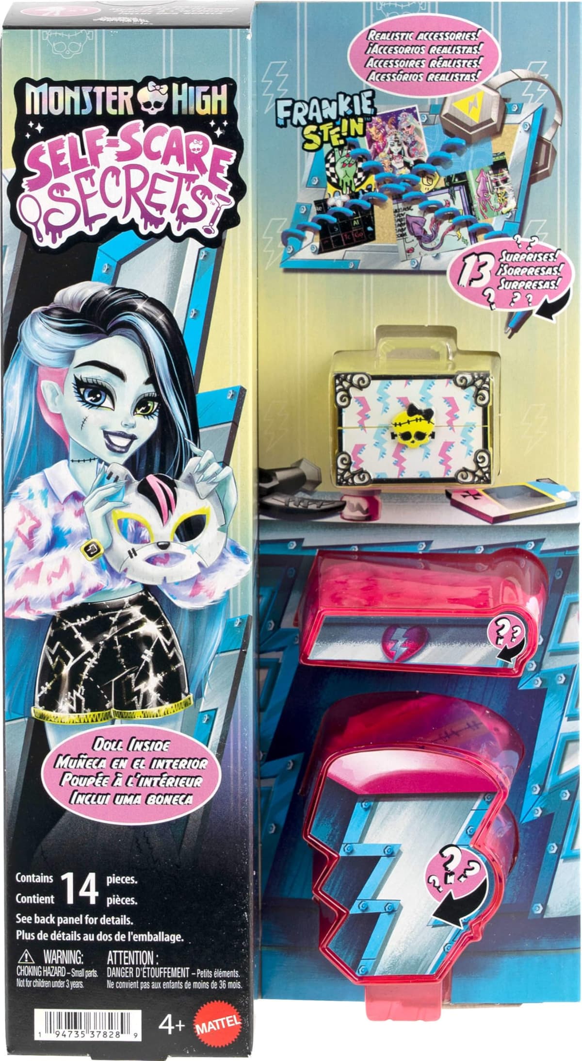 Monster High Self-Scare Secrets Frankie Stein Doll and Accessories Set with 13 Realistic Surprises Like Hair Dye Kit and Gaming Console