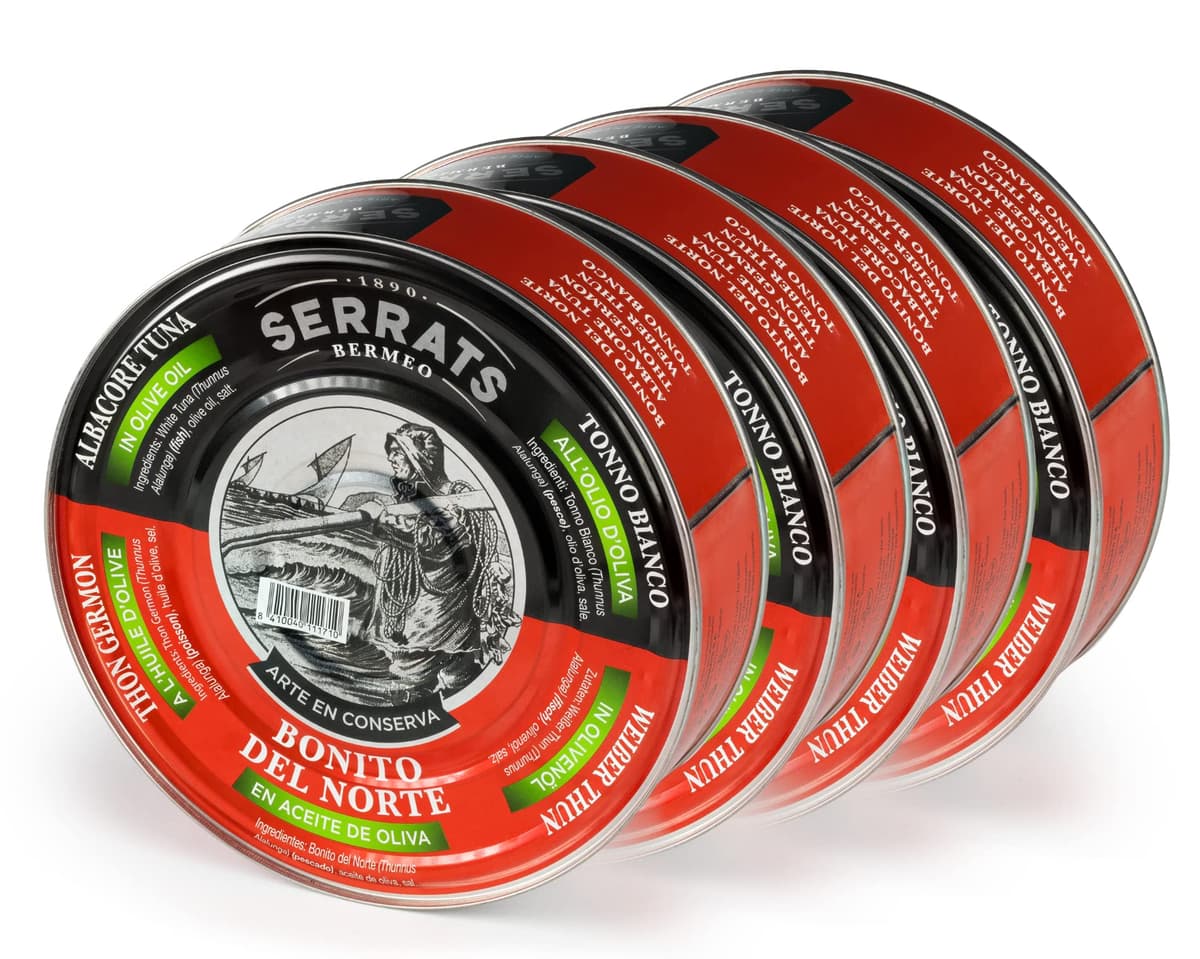 CONSERVAS SERRATS - Bonito del Norte del Cantábrico en Aceite de Oliva - 4 Latas x 1800g (Total: 7200g) - Elaboración Artesanal desde 1890 - Sin Gluten - Rico en Omega 3 – Premium