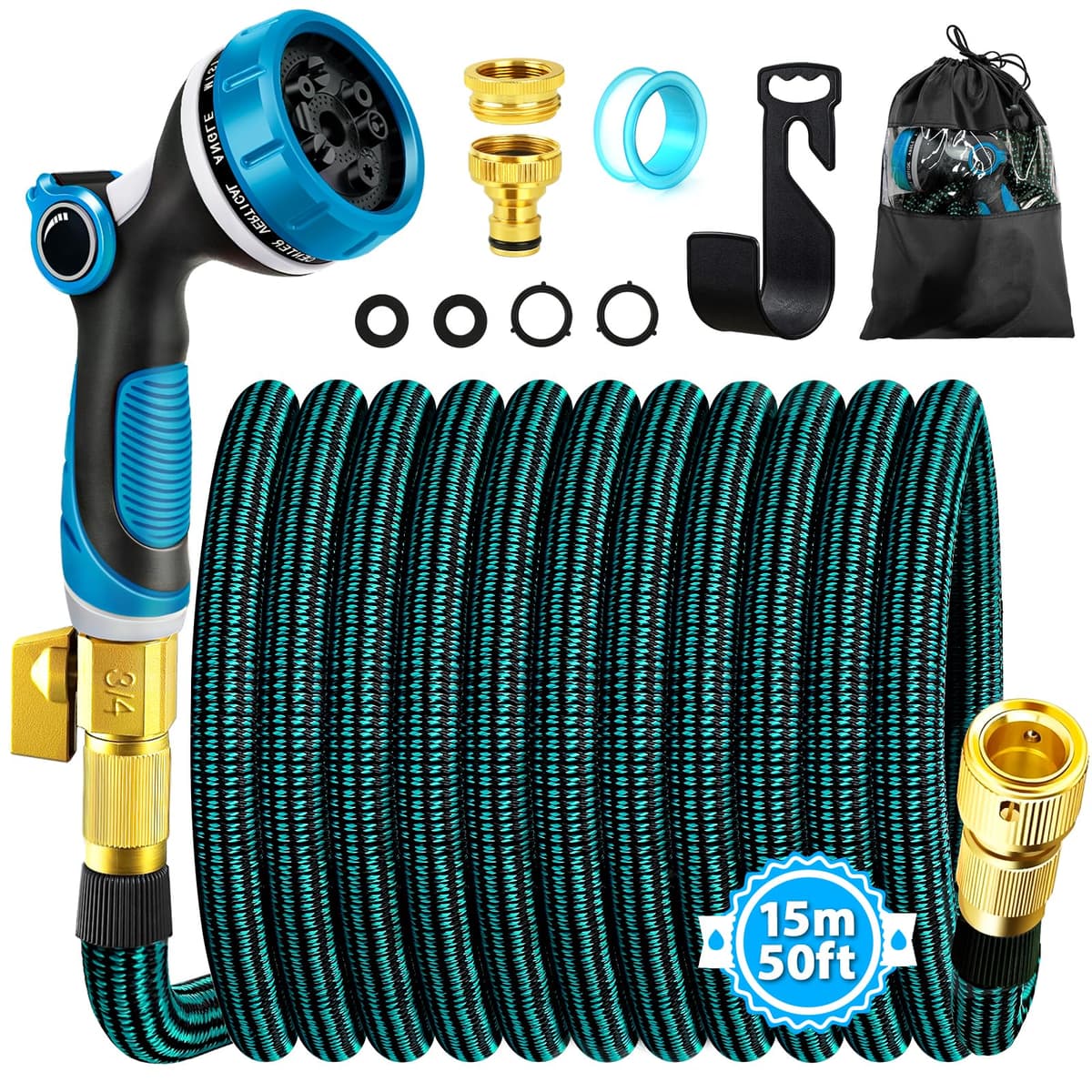 Manguera Jardin, Manguera Extensible 15 metros con Conector de Latón de 3/4'&1/2', Mangueras de Jardín Flexible con Boquilla Pulverizadora de 10 Funciones, Garden Hose para Jardín y Terraza(15M)
